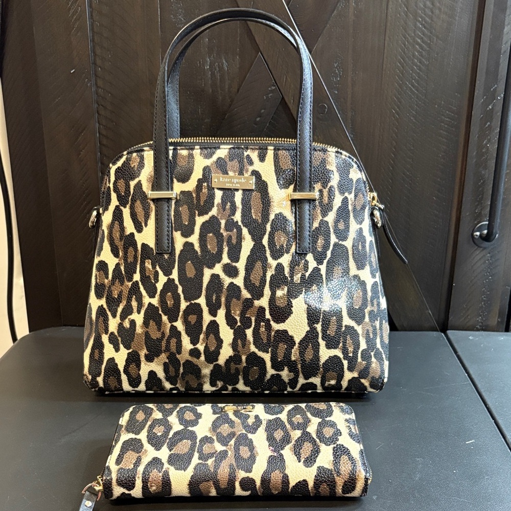 Kate Spade Cedar Street Leopard Maise Satchel Crossbody +Matching Zip Wallet Set